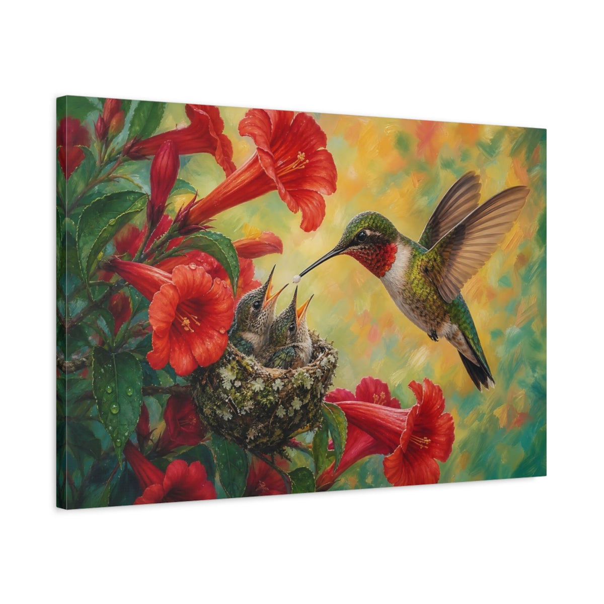 Side Mockup 2. Nature Hummingbird Family Red Floral Hummingbird shown as canvas print