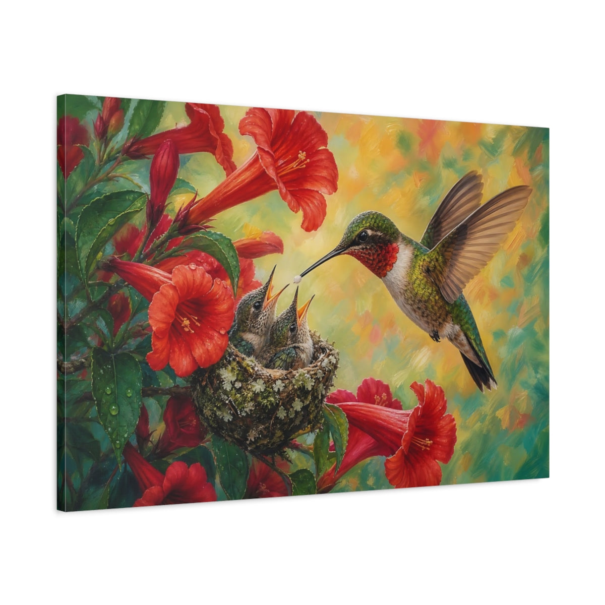 Main Mockup. Nature Hummingbird Family Red Floral Hummingbird shown as canvas print