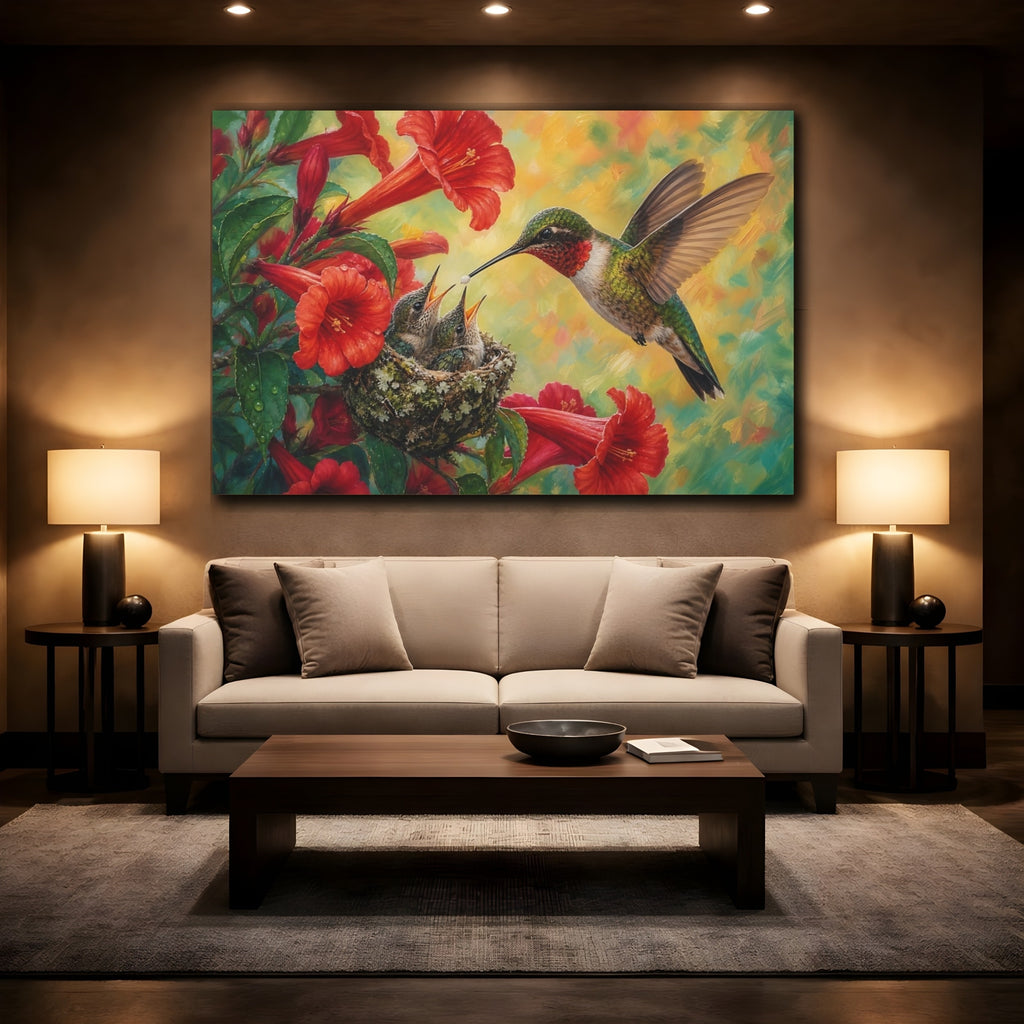 Mockup 2. Nature Hummingbird Family Red Floral Hummingbird shown as canvas print