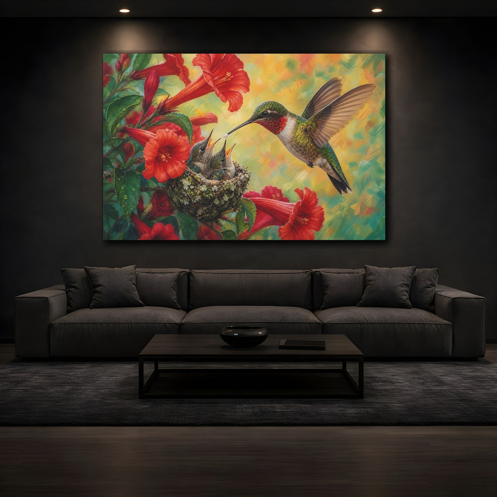 Mockup 3. Nature Hummingbird Family Red Floral Hummingbird shown as canvas print