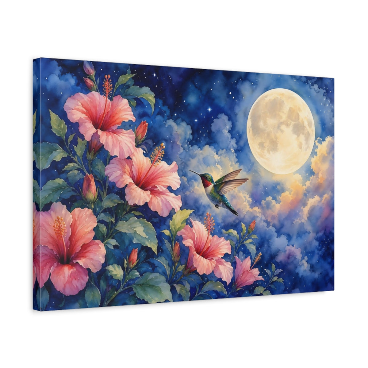 Side Mockup 3. Nature Hummingbird, Hibiscus Pink And Blue shown as stretched canvas wall art