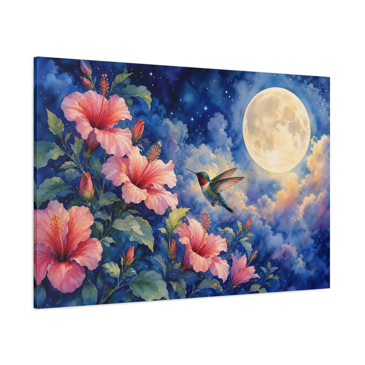 Side Mockup 1. Nature Hummingbird, Hibiscus Pink And Blue shown as stretched canvas wall art