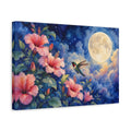 Side Mockup 4. Nature Hummingbird, Hibiscus Pink And Blue shown as stretched canvas wall art