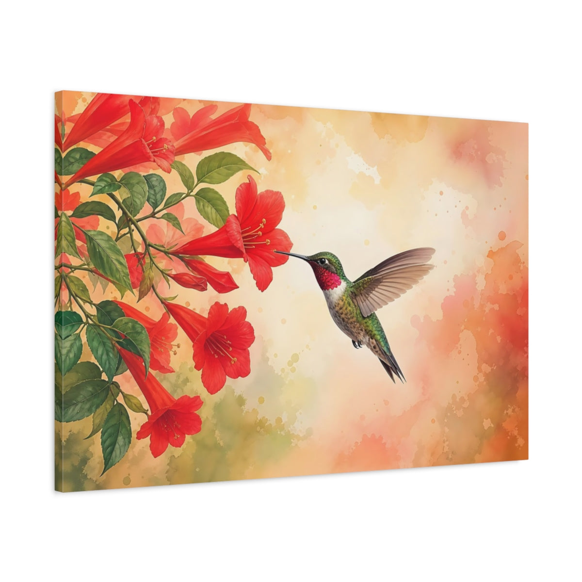Main Mockup. Nature Hummingbird Hummingbird Red Flowers shown as stretched canvas wall art