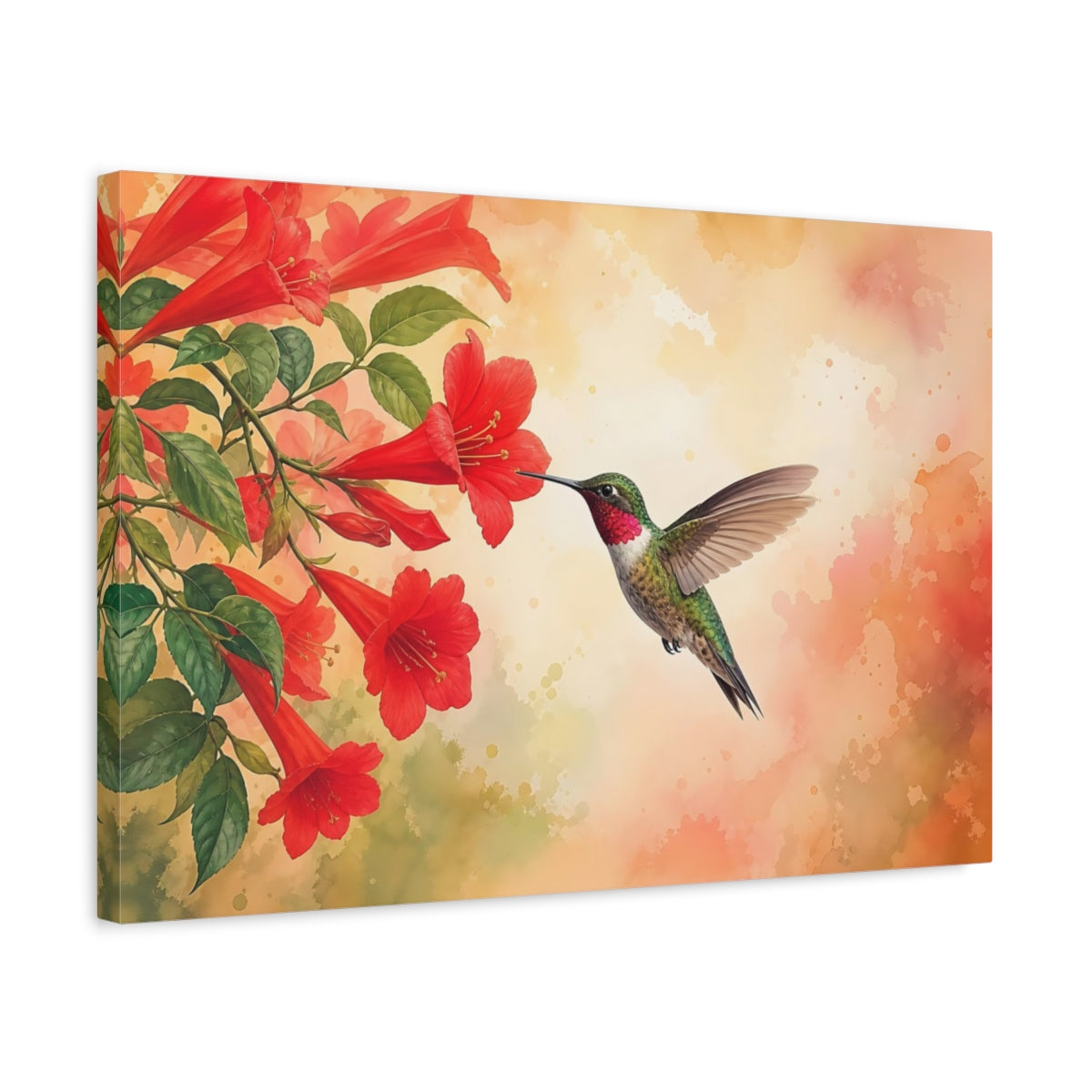 Side Mockup 3. Nature Hummingbird Hummingbird Red Flowers shown as stretched canvas wall art