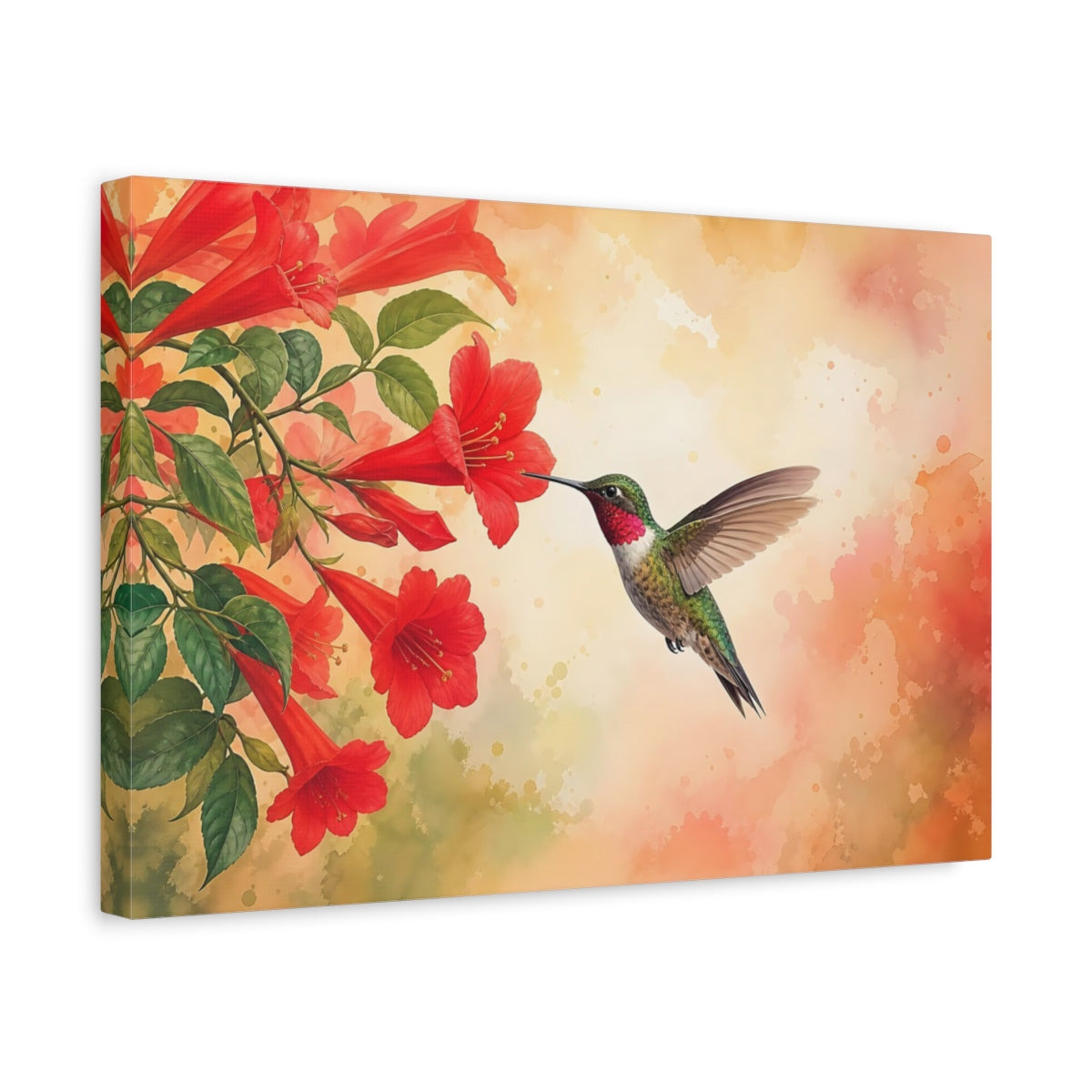 Side Mockup 4. Nature Hummingbird Hummingbird Red Flowers shown as stretched canvas wall art