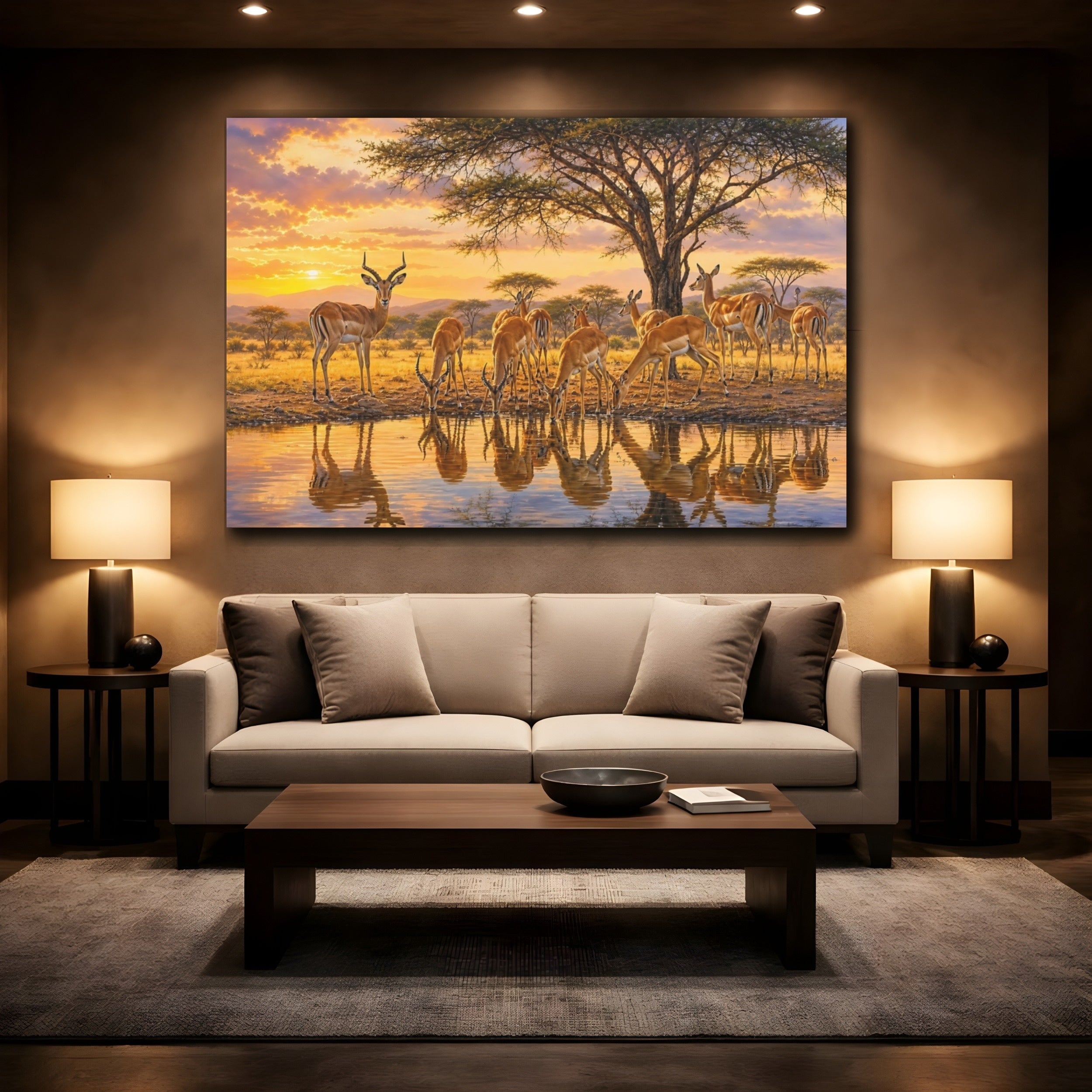 Mockup 2. Nature Impala Warm Impala Sunset shown as stretched canvas wall art