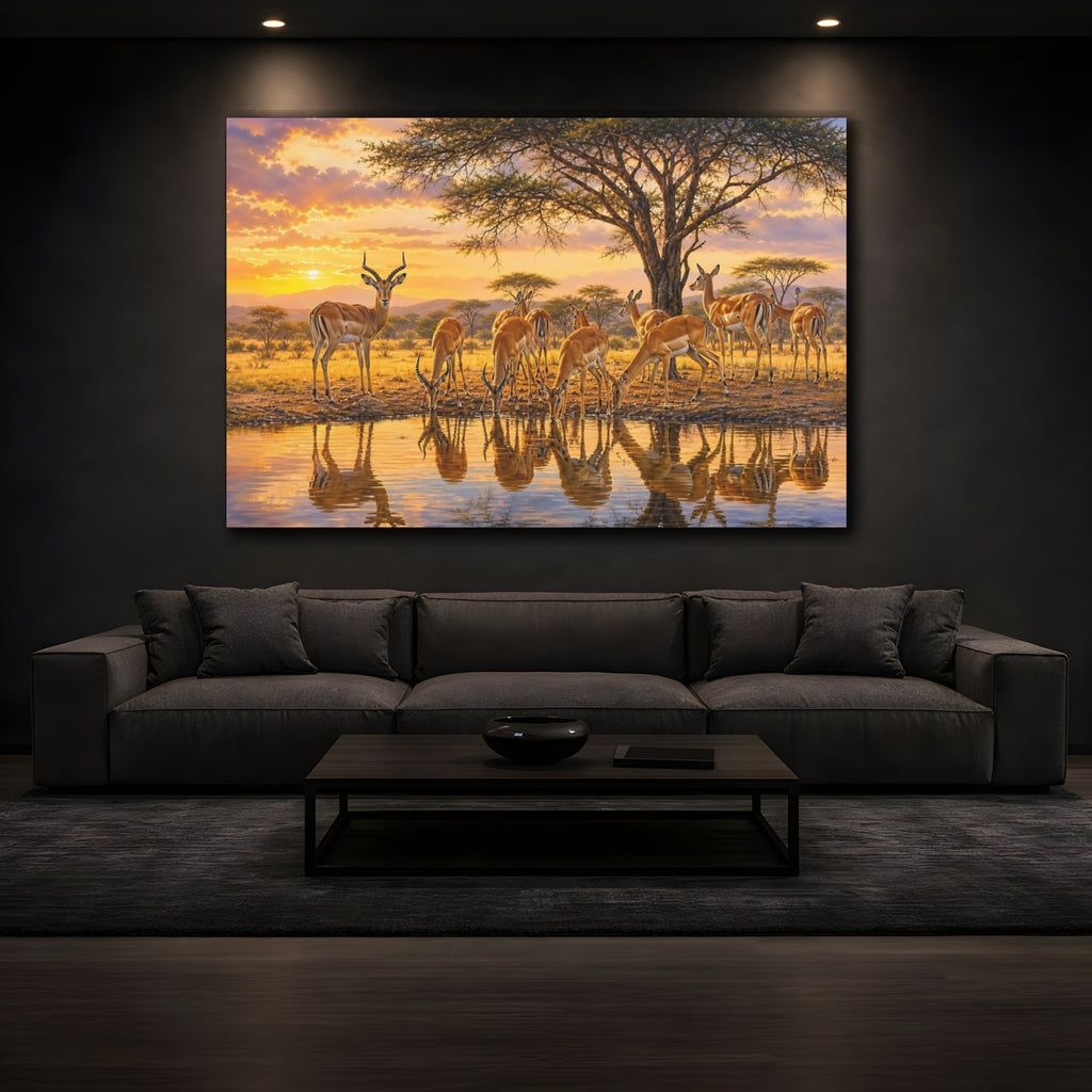 Mockup 3. Nature Impala Warm Impala Sunset shown as stretched canvas wall art