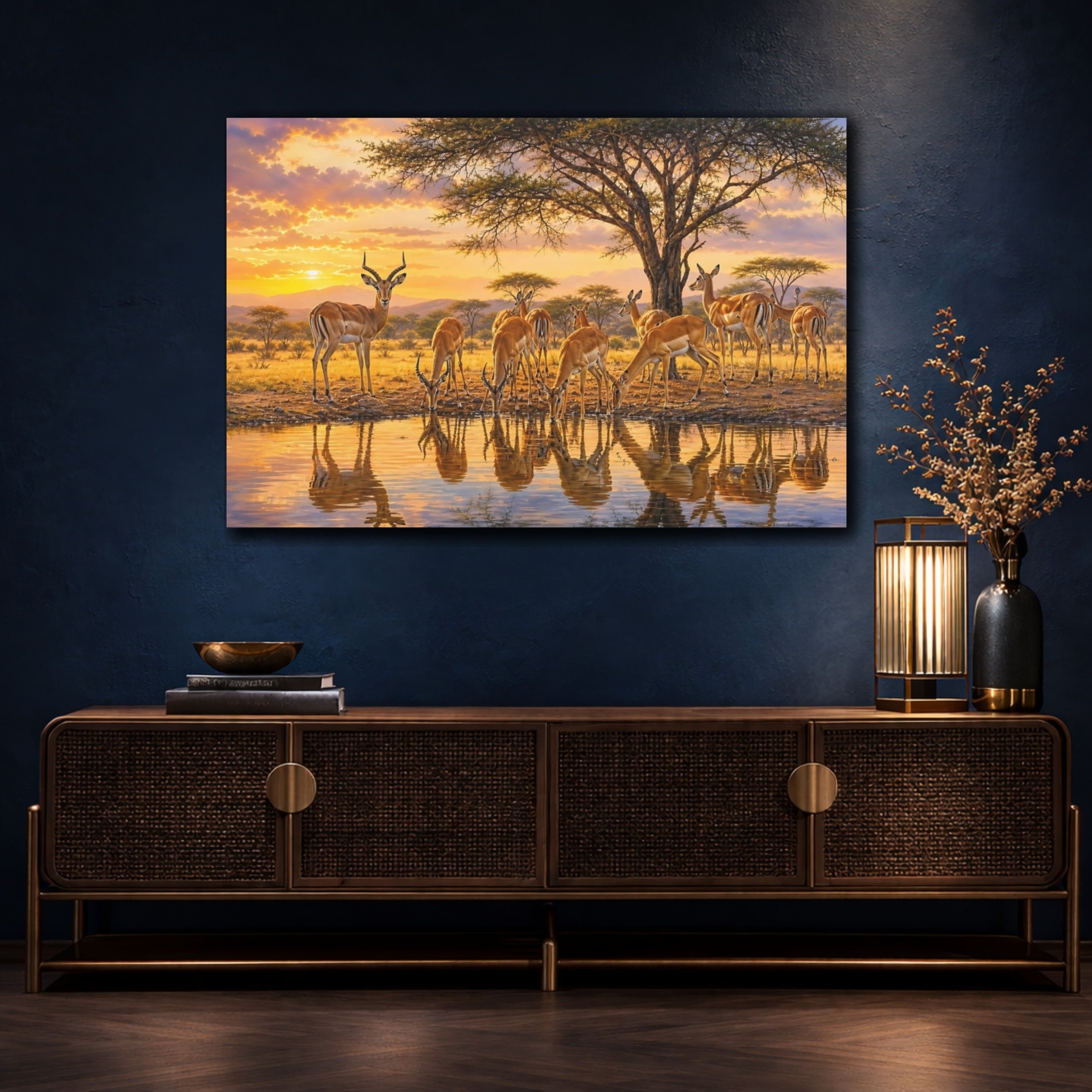 Mockup 4. Nature Impala Warm Impala Sunset shown as stretched canvas wall art