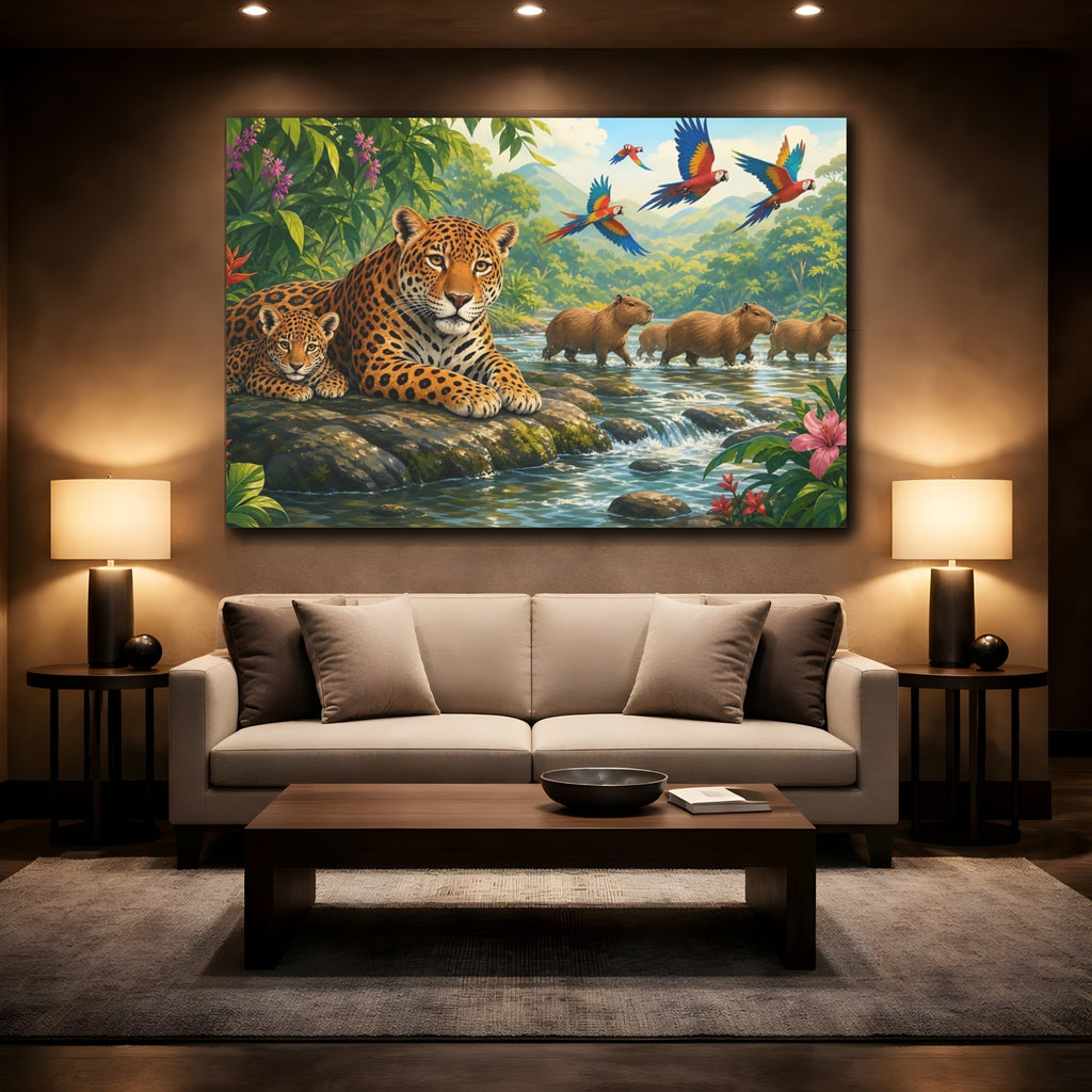 Mockup 2. Nature Jaguar And Cub Jungle Animals shown as stretched canvas wall art