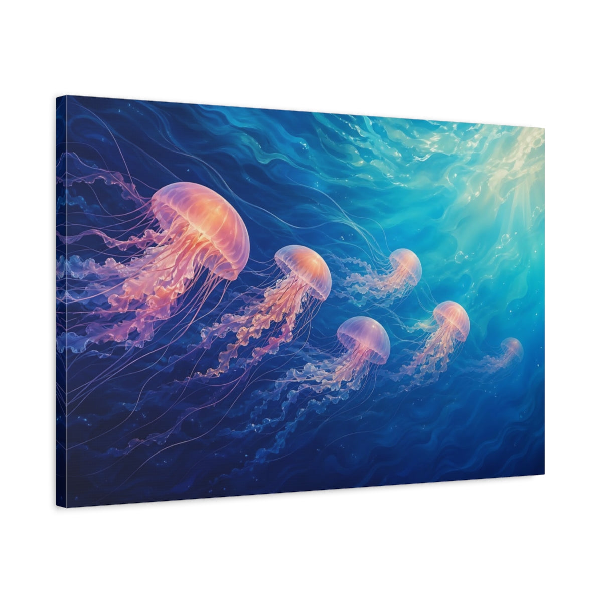 Side Mockup 2. Nature Jellyfish Blue And Pink shown as canvas print