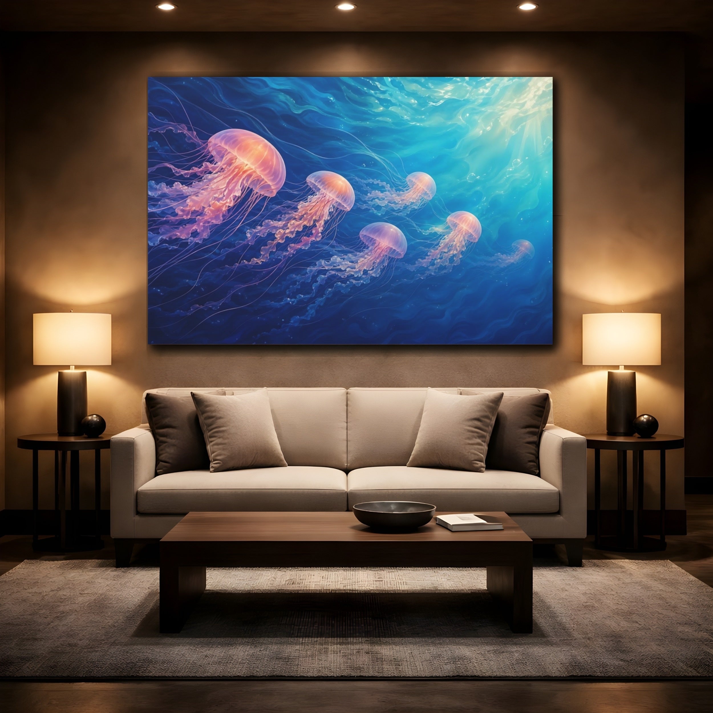 Mockup 2. Nature Jellyfish Blue And Pink shown as canvas print