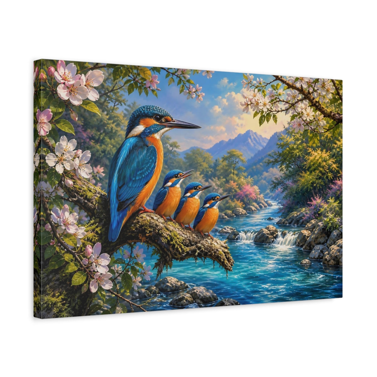 Side Mockup 3. Nature Kingfishers Vibrant Kingfishers shown as canvas print