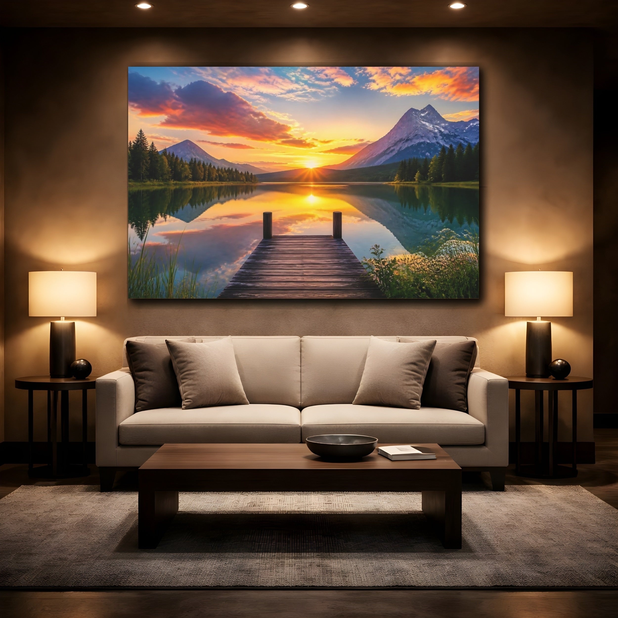 Mockup 2. Nature Lake Sunset Golden Sunset Lake shown as stretched canvas wall art