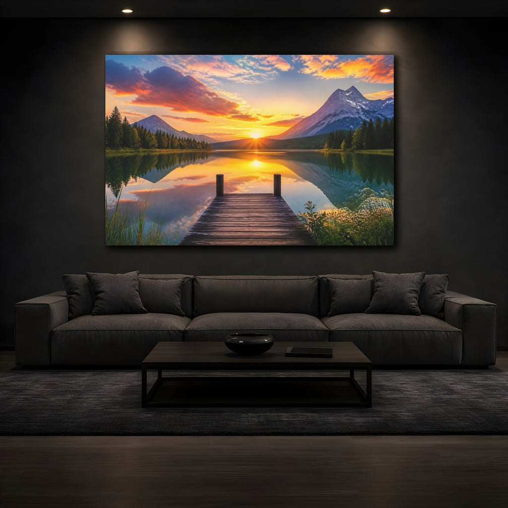 Mockup 3. Nature Lake Sunset Golden Sunset Lake shown as stretched canvas wall art