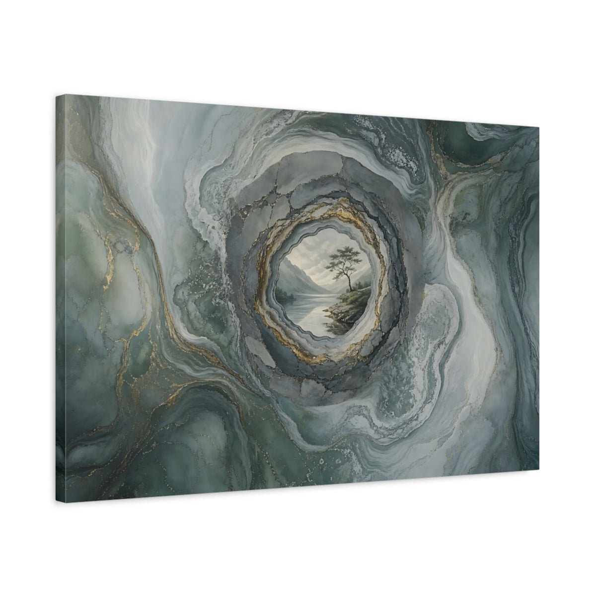 Side Mockup 2. Nature Lake Tree Green Gold Abstract shown as stretched canvas wall art