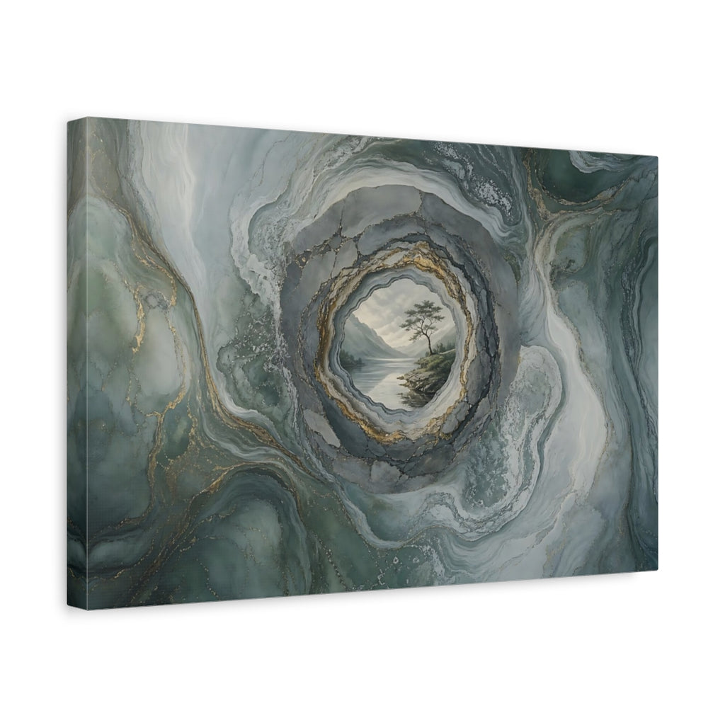 Side Mockup 4. Nature Lake Tree Green Gold Abstract shown as stretched canvas wall art