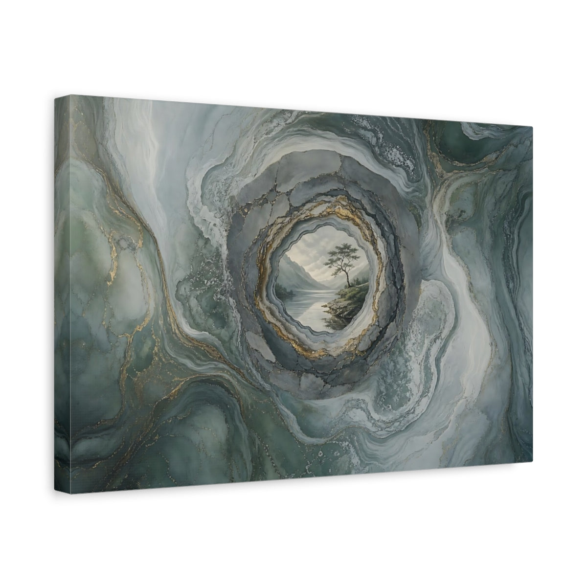 Side Mockup 4. Nature Lake Tree Green Gold Abstract shown as stretched canvas wall art
