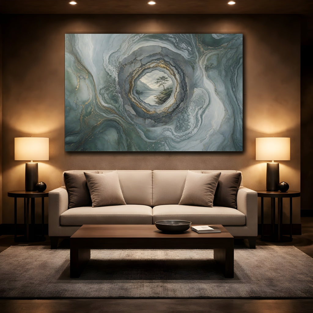 Mockup 2. Nature Lake Tree Green Gold Abstract shown as stretched canvas wall art