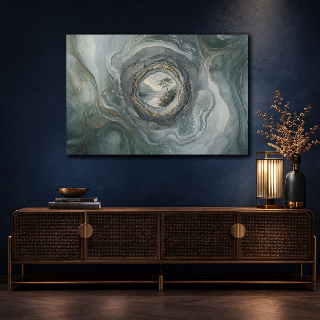 Mockup 4. Nature Lake Tree Green Gold Abstract shown as stretched canvas wall art