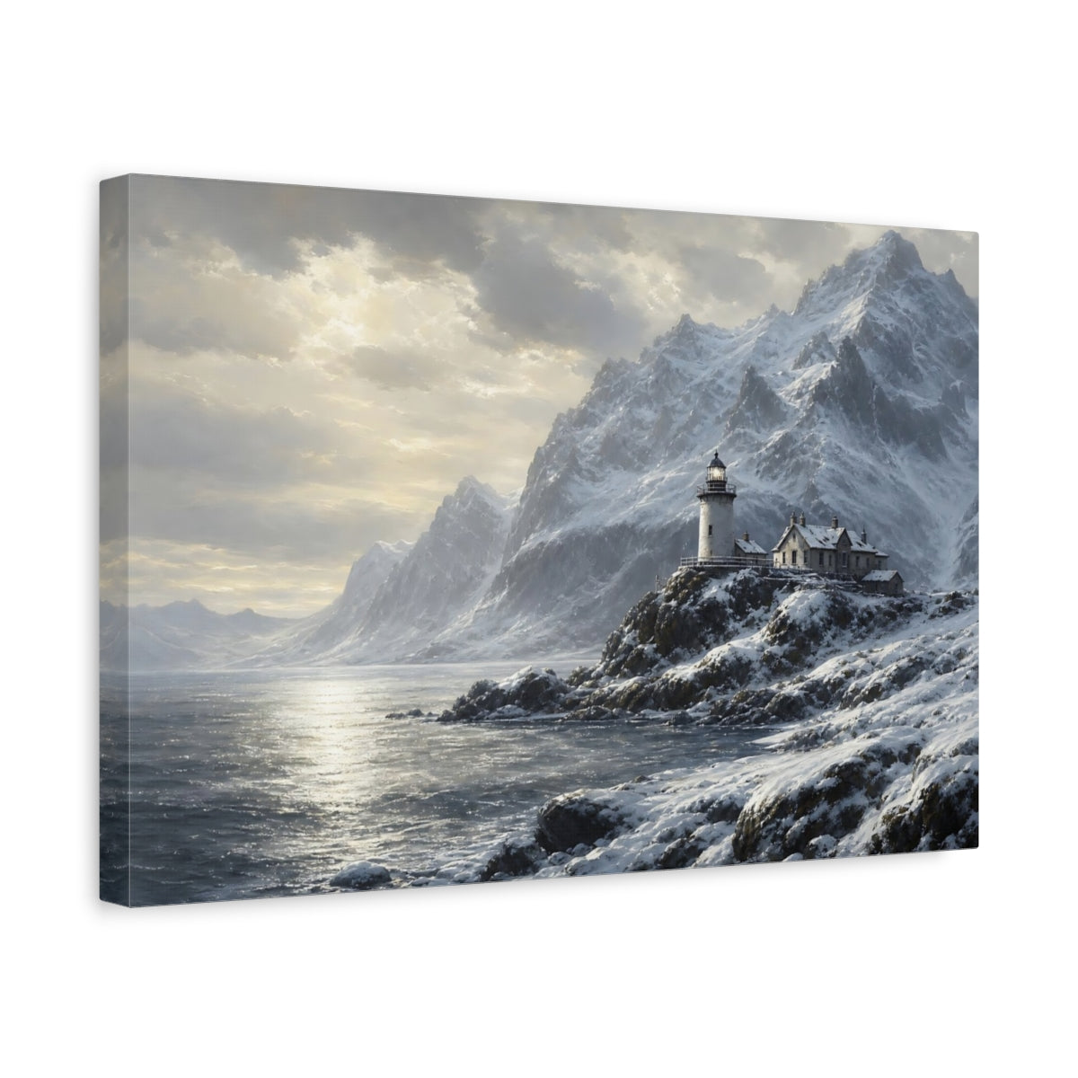 Side Mockup 4. Nature Lighthouse Mountains Winter Landscape shown as stretched canvas wall art