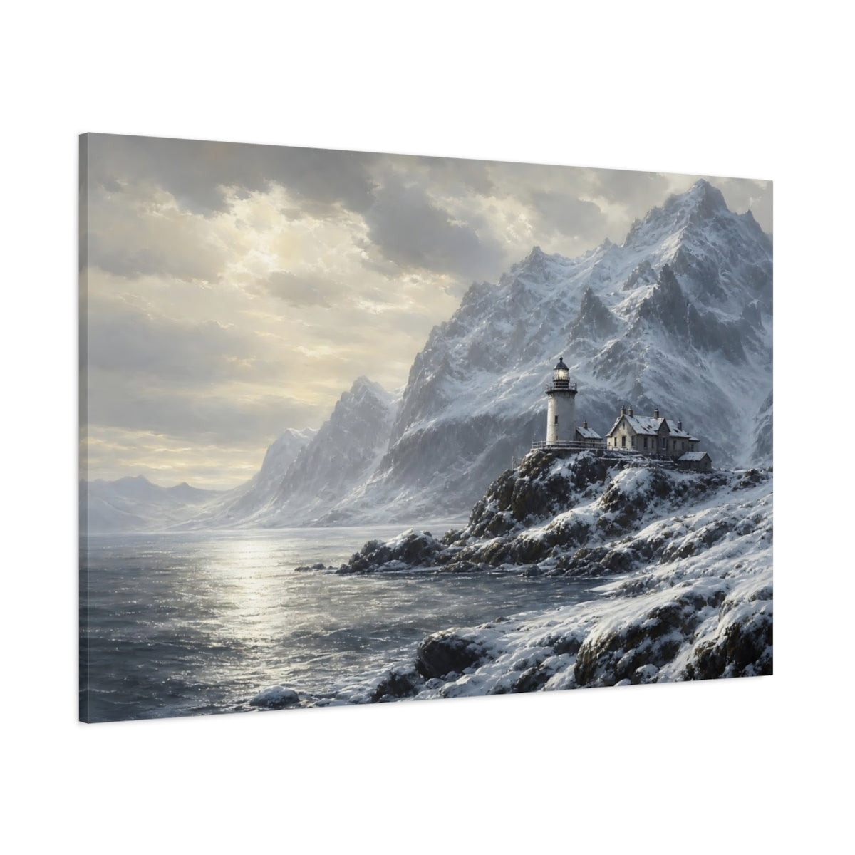 Side Mockup 1. Nature Lighthouse Mountains Winter Landscape shown as stretched canvas wall art