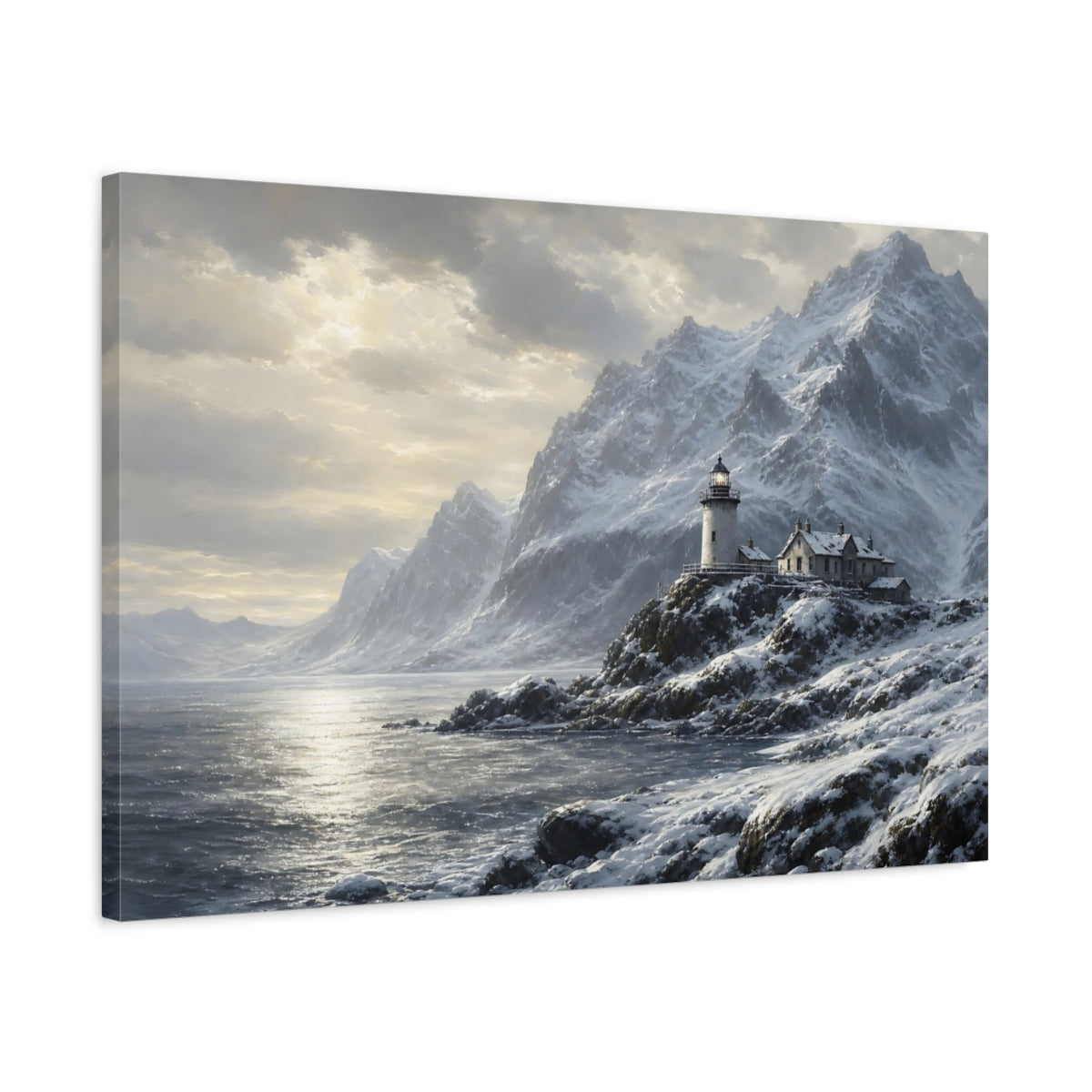 Side Mockup 2. Nature Lighthouse Mountains Winter Landscape shown as stretched canvas wall art
