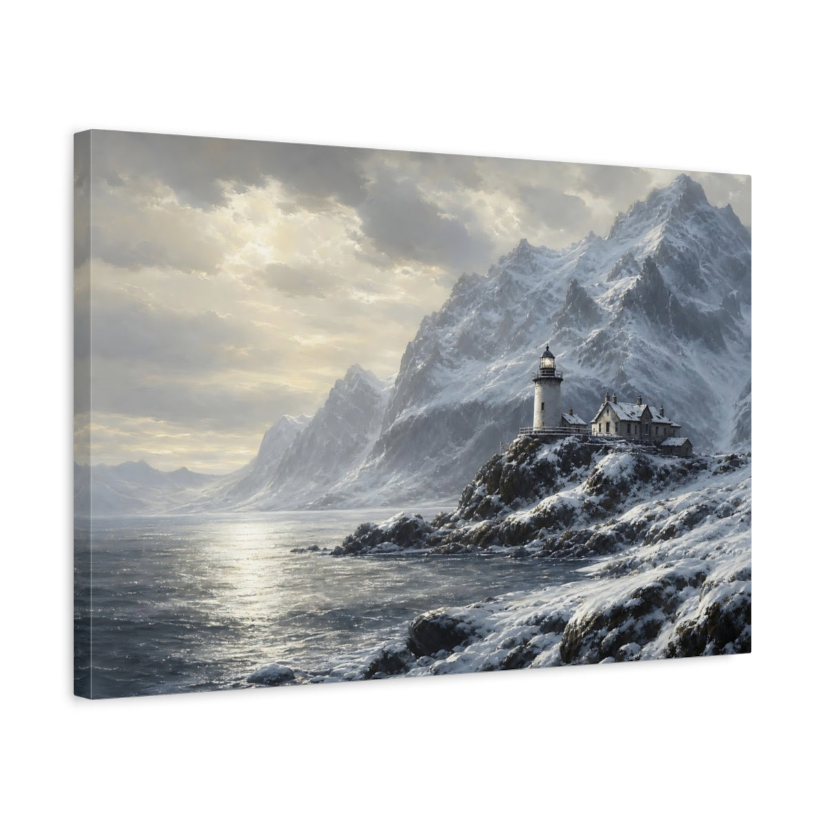 Side Mockup 3. Nature Lighthouse Mountains Winter Landscape shown as stretched canvas wall art