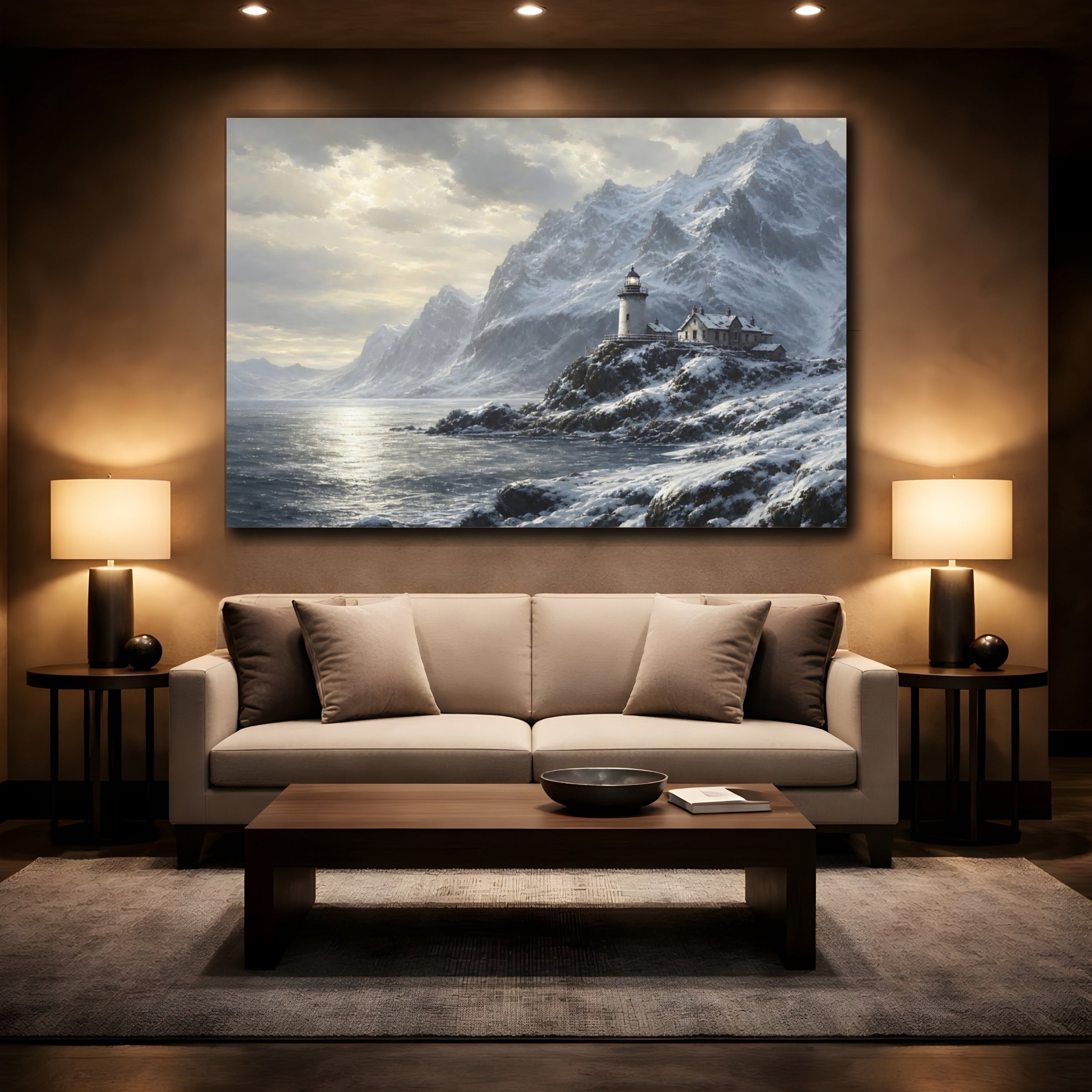 Mockup 2. Nature Lighthouse Mountains Winter Landscape shown as stretched canvas wall art