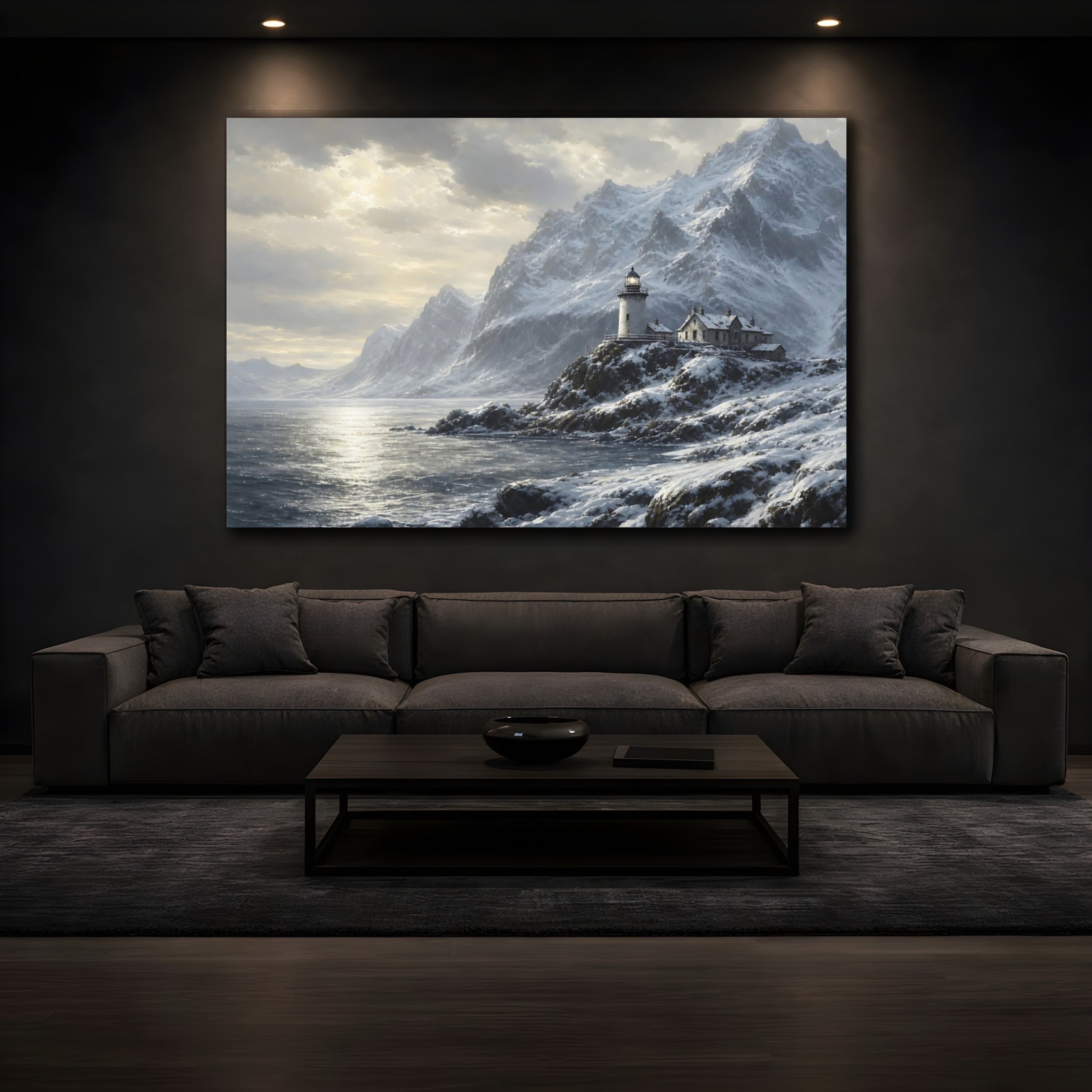 Mockup 3. Nature Lighthouse Mountains Winter Landscape shown as stretched canvas wall art