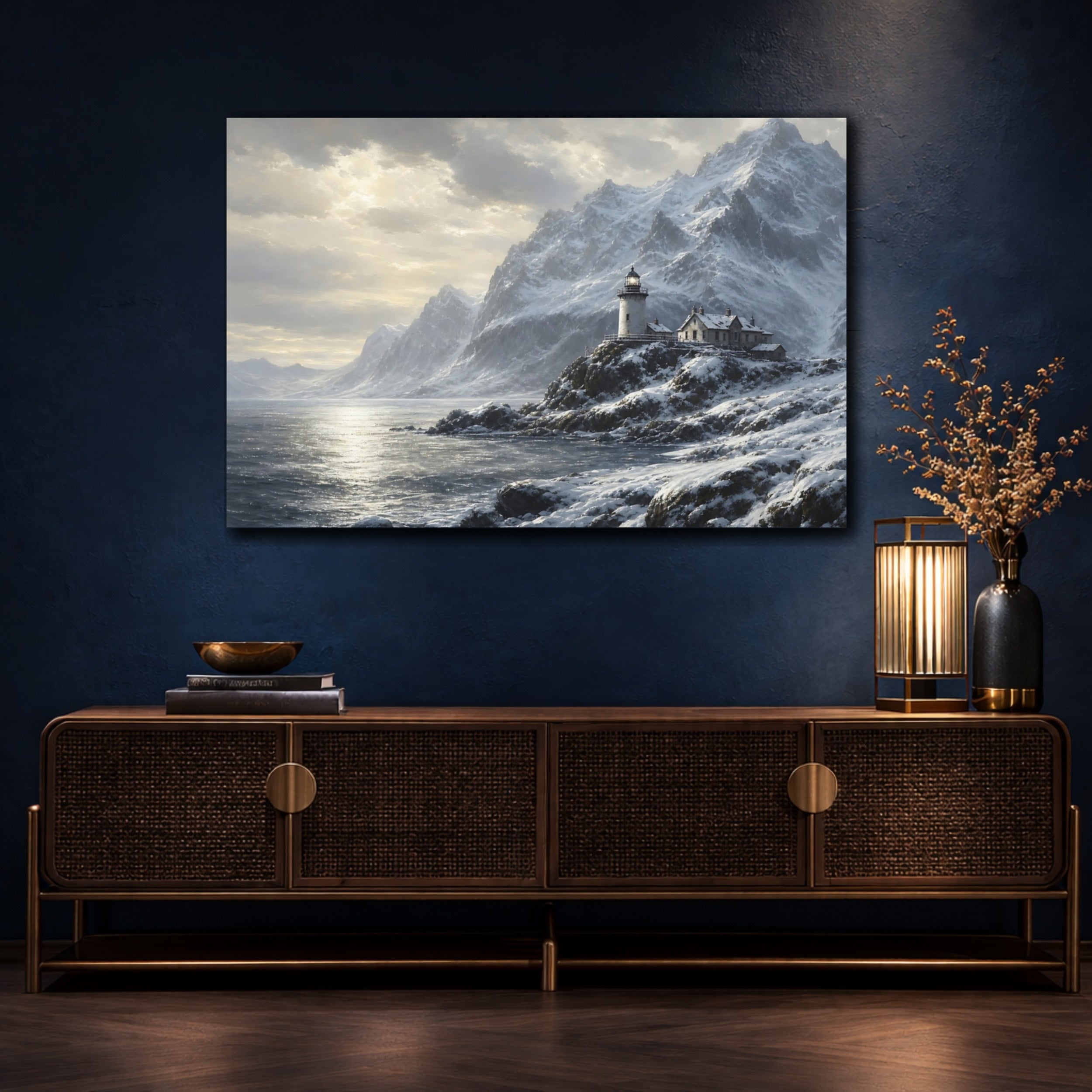 Mockup 4. Nature Lighthouse Mountains Winter Landscape shown as stretched canvas wall art
