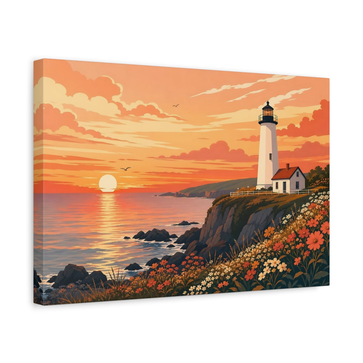 Side Mockup 4. Nature Lighthouse Orange Sunset shown as stretched canvas wall art