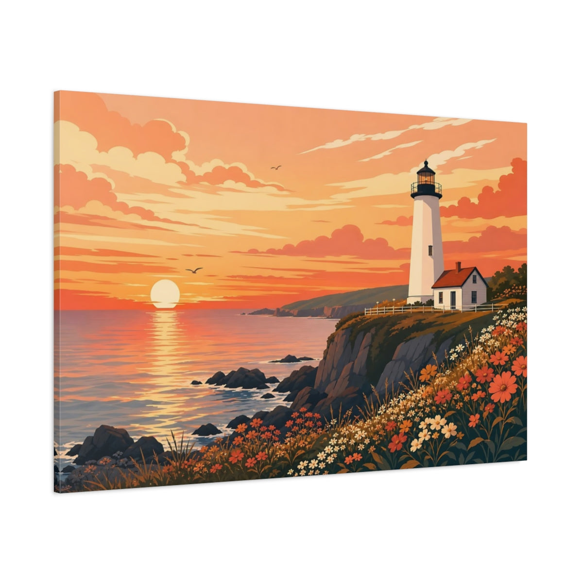 Side Mockup 1. Nature Lighthouse Orange Sunset shown as stretched canvas wall art