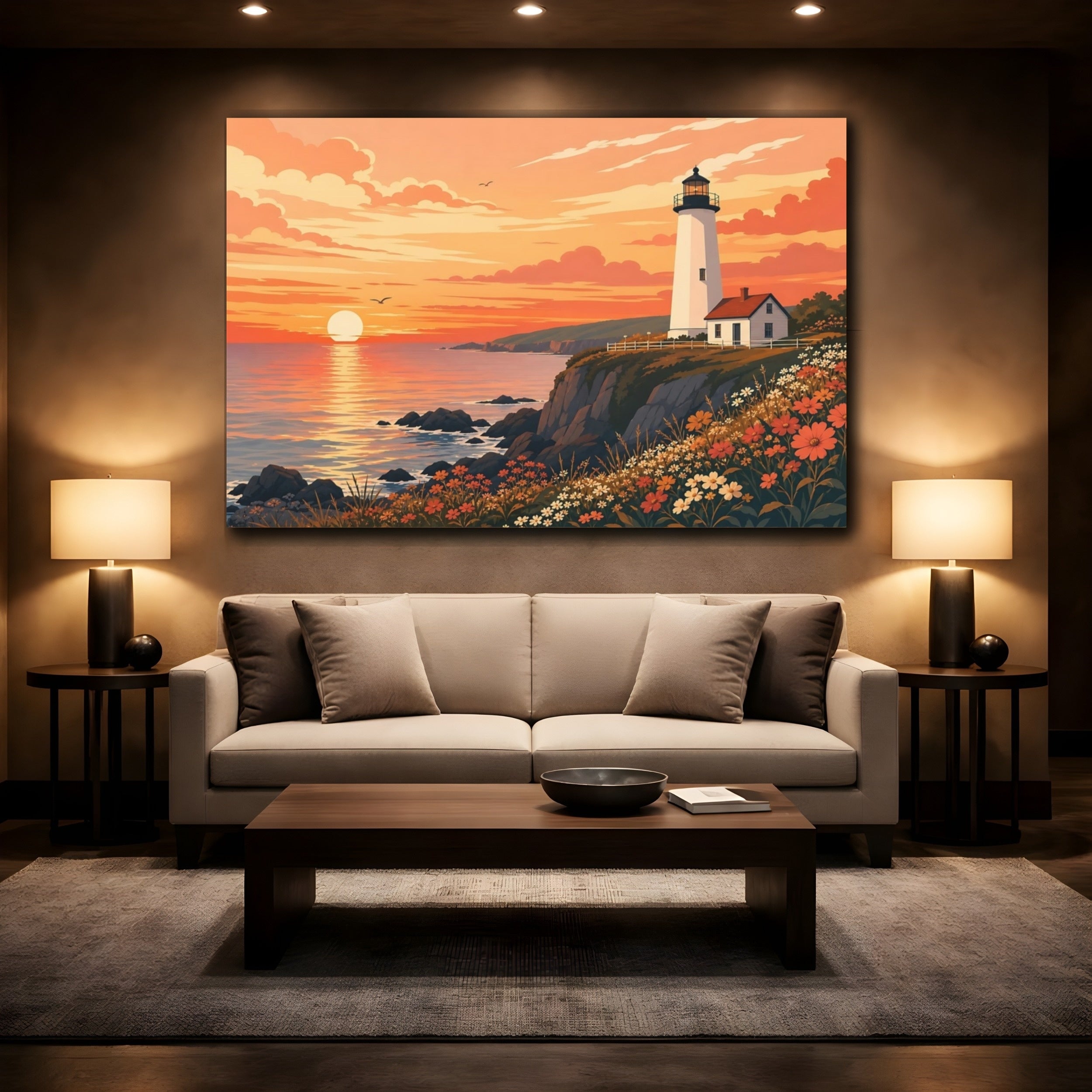 Mockup 2. Nature Lighthouse Orange Sunset shown as stretched canvas wall art