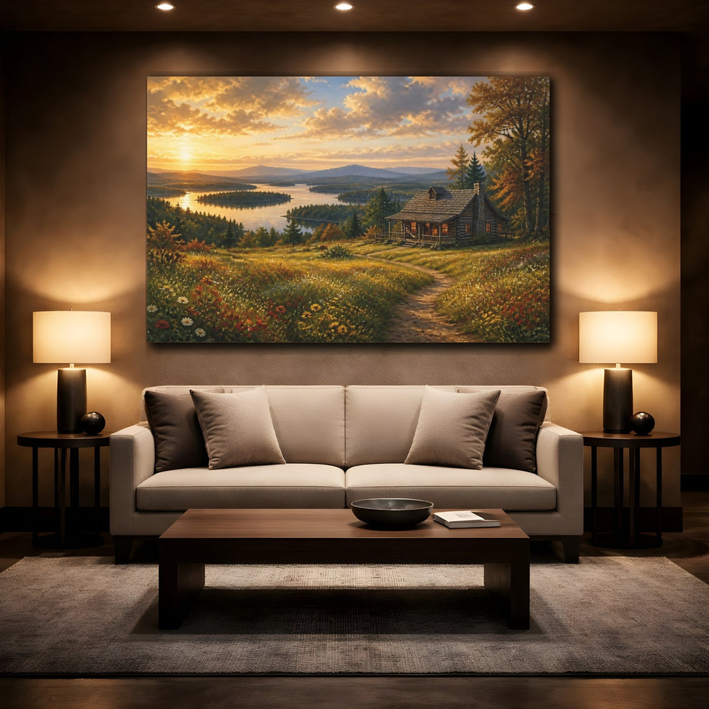 Mockup 2. Nature Log Cabin Sunset Lake Cabin shown as canvas print