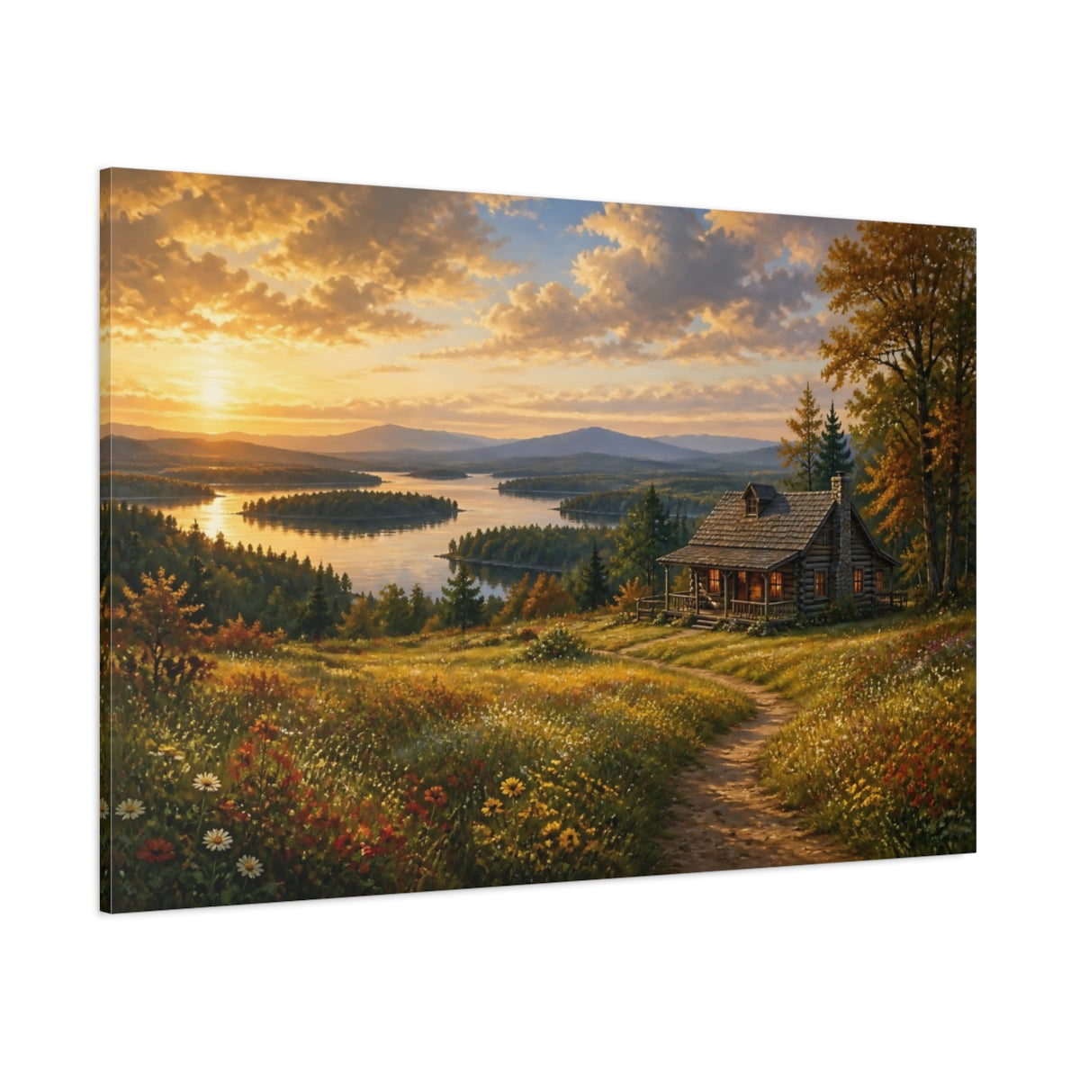 Side Mockup 1. Nature Log Cabin Sunset Lake Cabin shown as canvas print