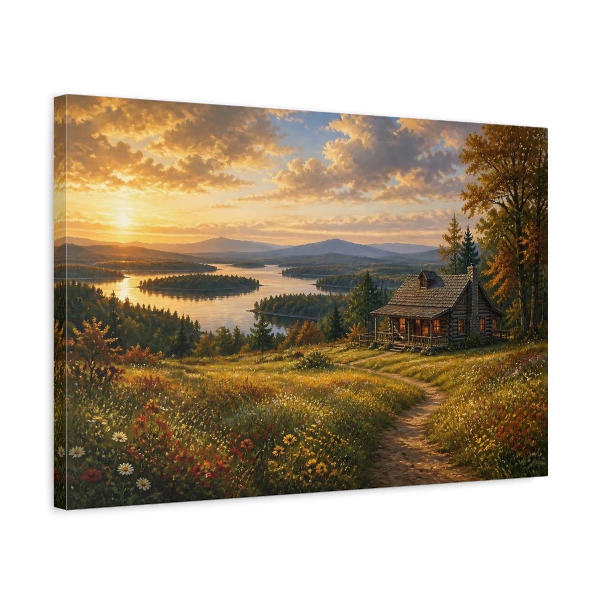 Side Mockup 3. Nature Log Cabin Sunset Lake Cabin shown as canvas print