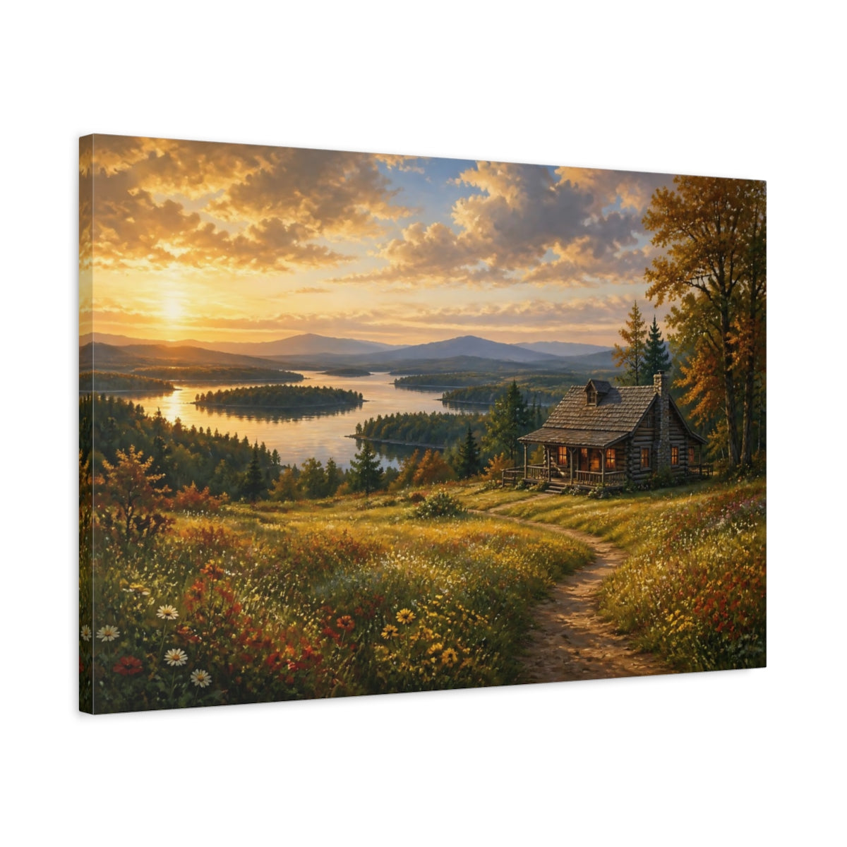 Side Mockup 2. Nature Log Cabin Sunset Lake Cabin shown as canvas print