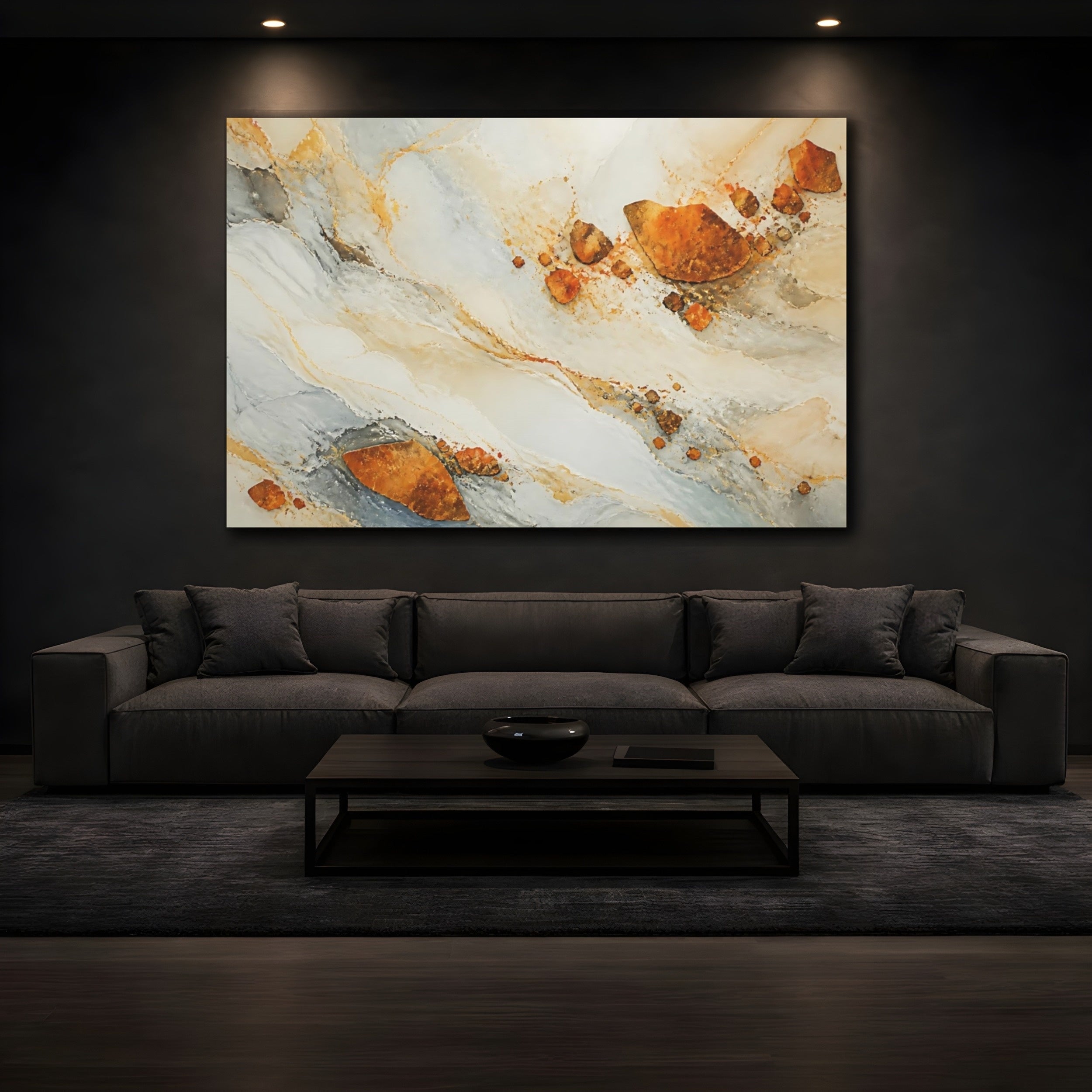 Mockup 3. Nature Mineral Veins Gold And Gray Abstract shown as stretched canvas wall art
