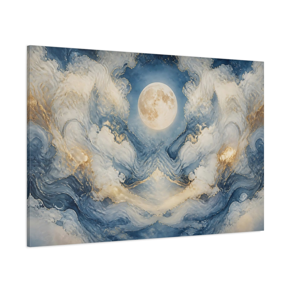 Side Mockup 1. Nature Moon Blue And Gold Moon shown as stretched canvas wall art