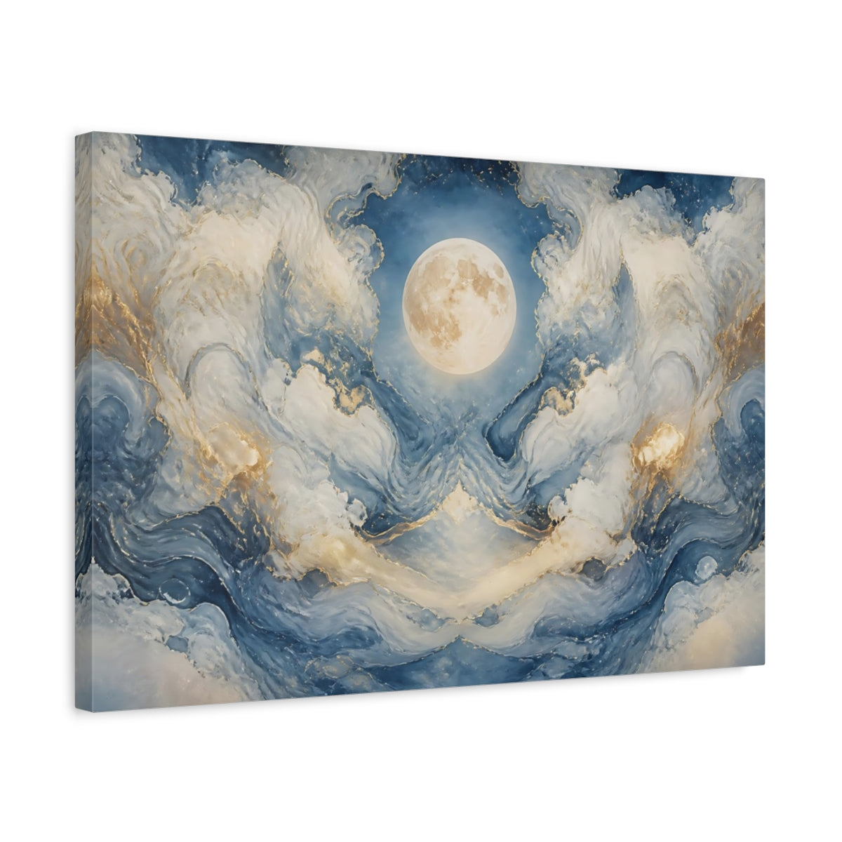Side Mockup 3. Nature Moon Blue And Gold Moon shown as stretched canvas wall art