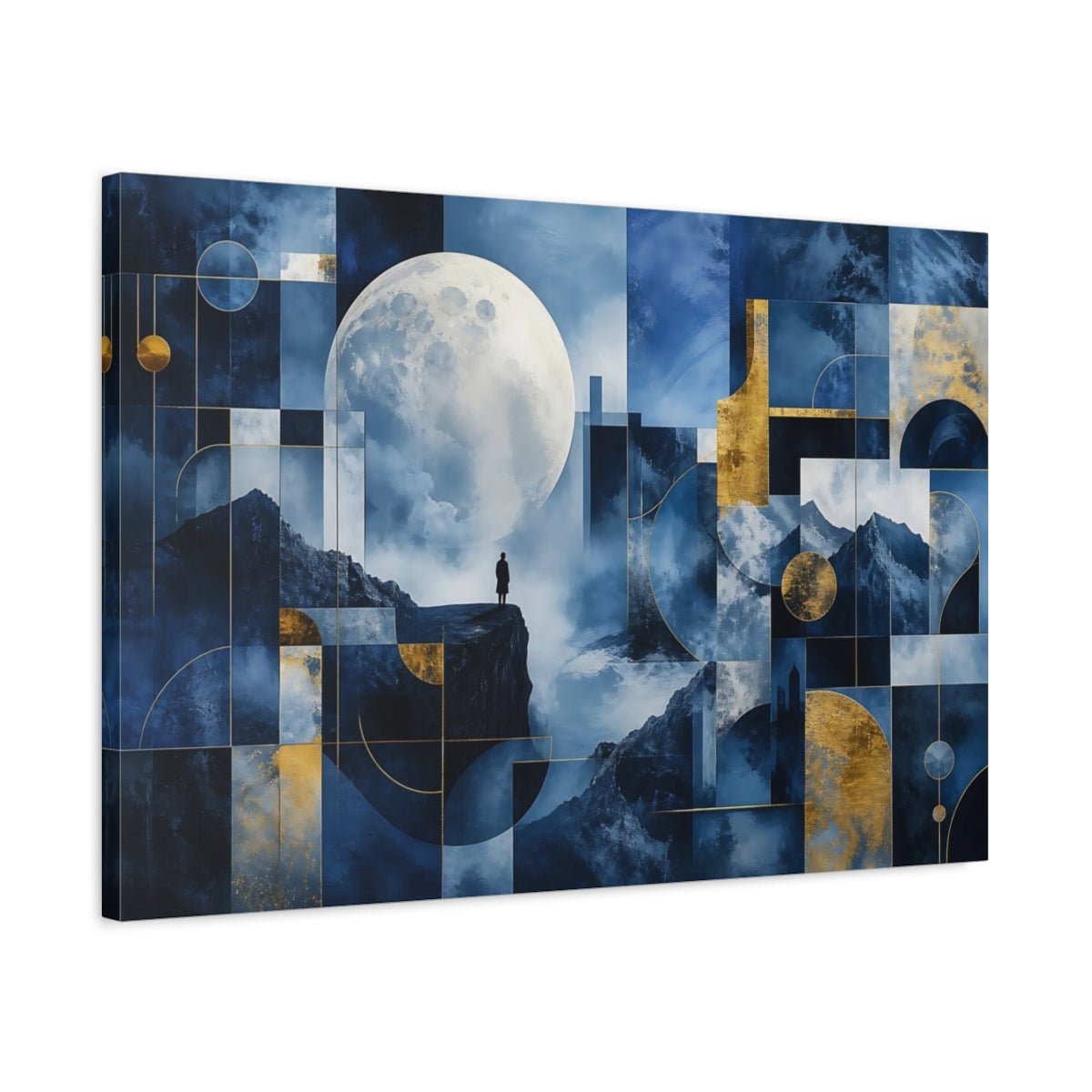 Side Mockup 2. Nature Moon Blue Gold Abstract shown as stretched canvas wall art