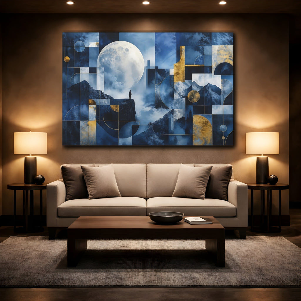 Mockup 2. Nature Moon Blue Gold Abstract shown as stretched canvas wall art