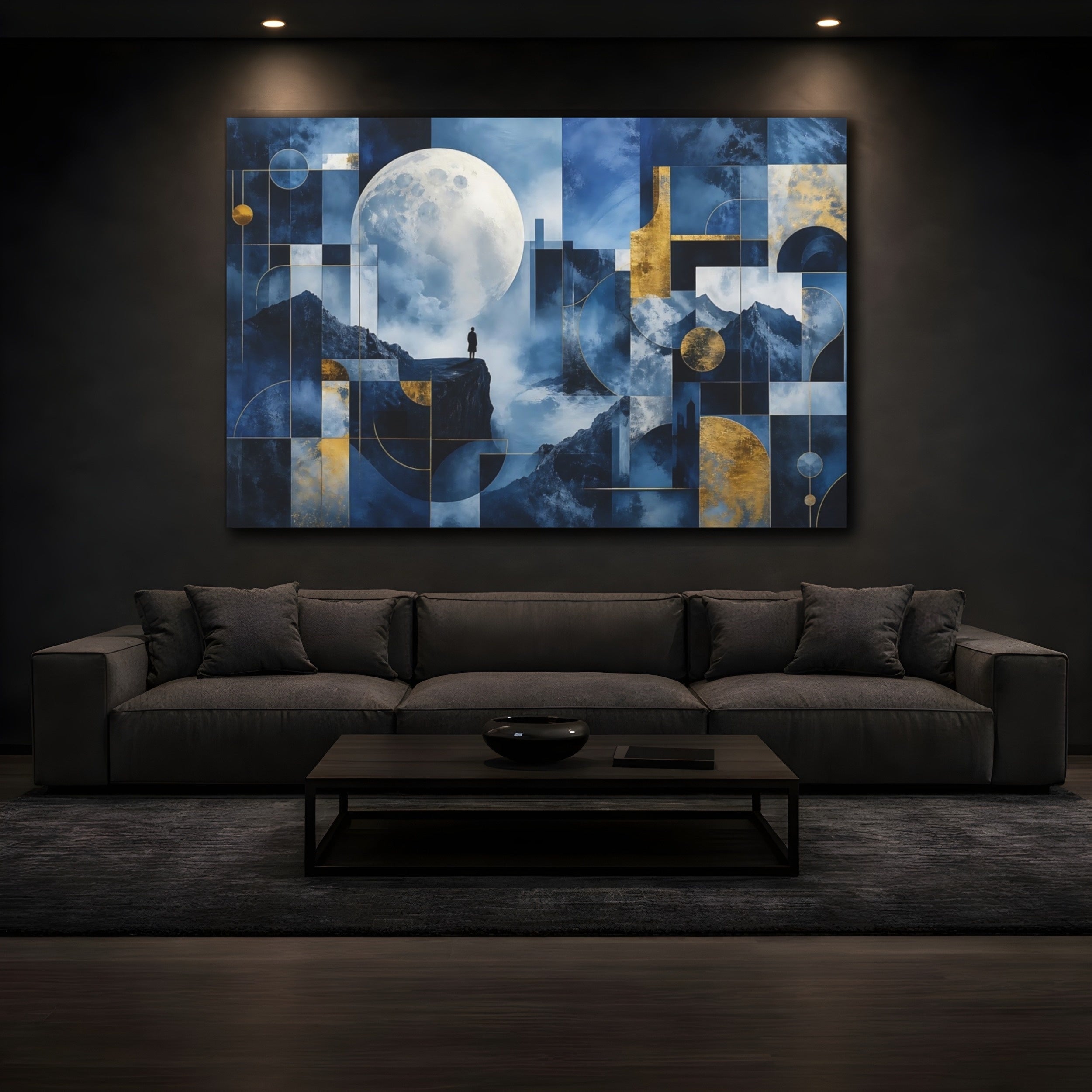 Mockup 3. Nature Moon Blue Gold Abstract shown as stretched canvas wall art
