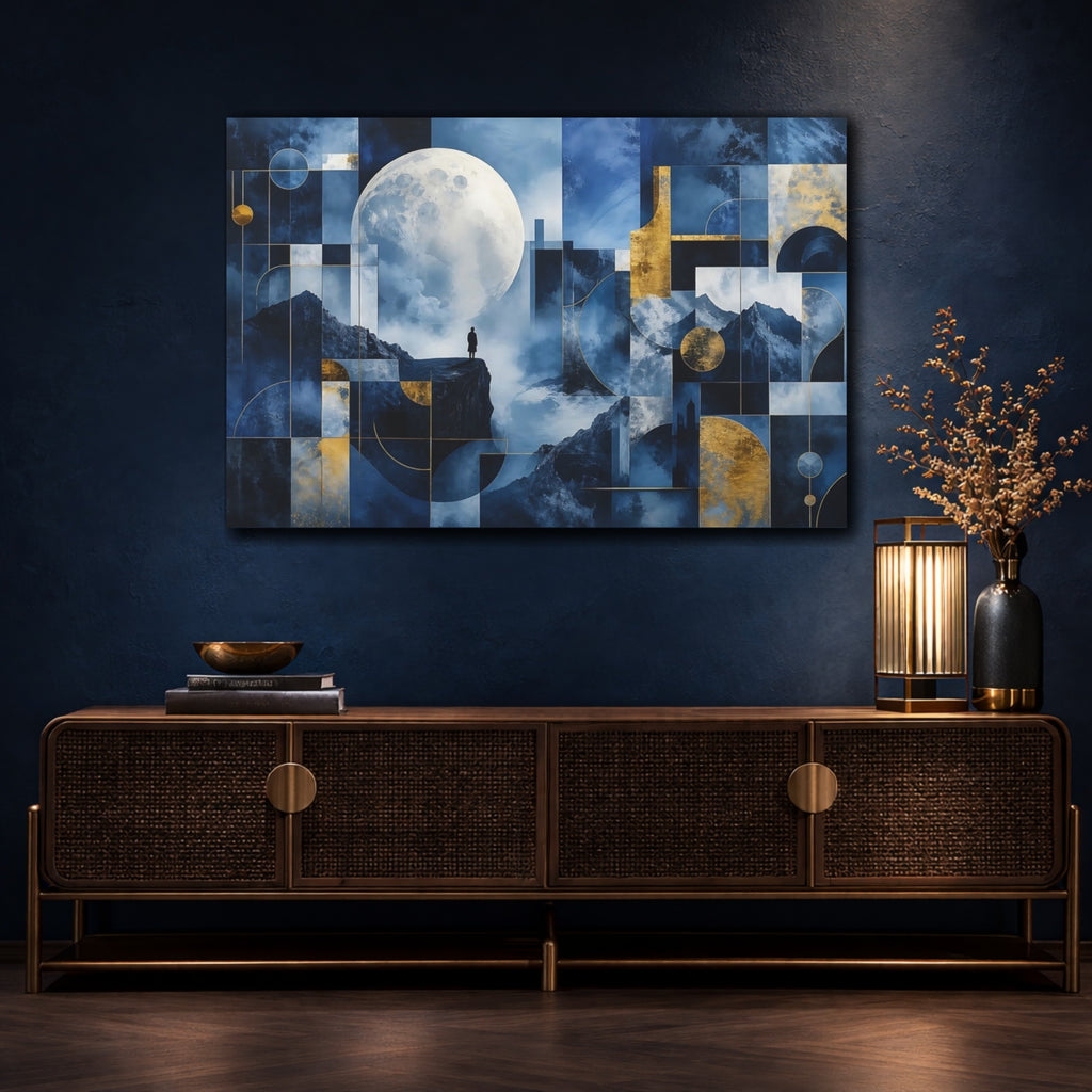 Mockup 4. Nature Moon Blue Gold Abstract shown as stretched canvas wall art