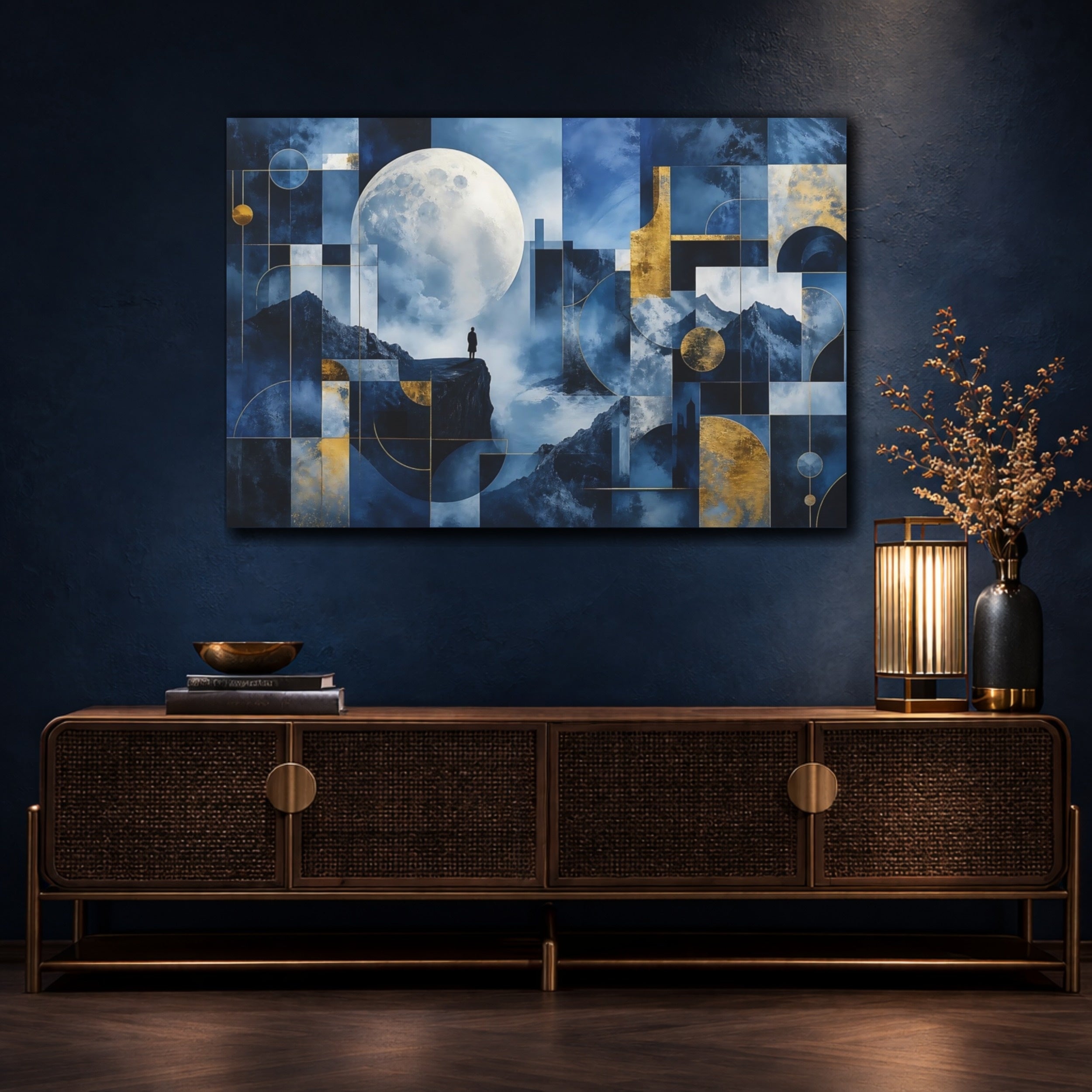 Mockup 4. Nature Moon Blue Gold Abstract shown as stretched canvas wall art