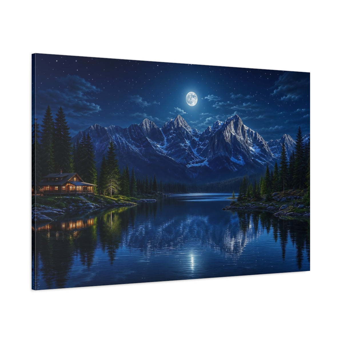 Side Mockup 1. Nature Moonlit Mountains Blue Night Mountains shown as stretched canvas wall art