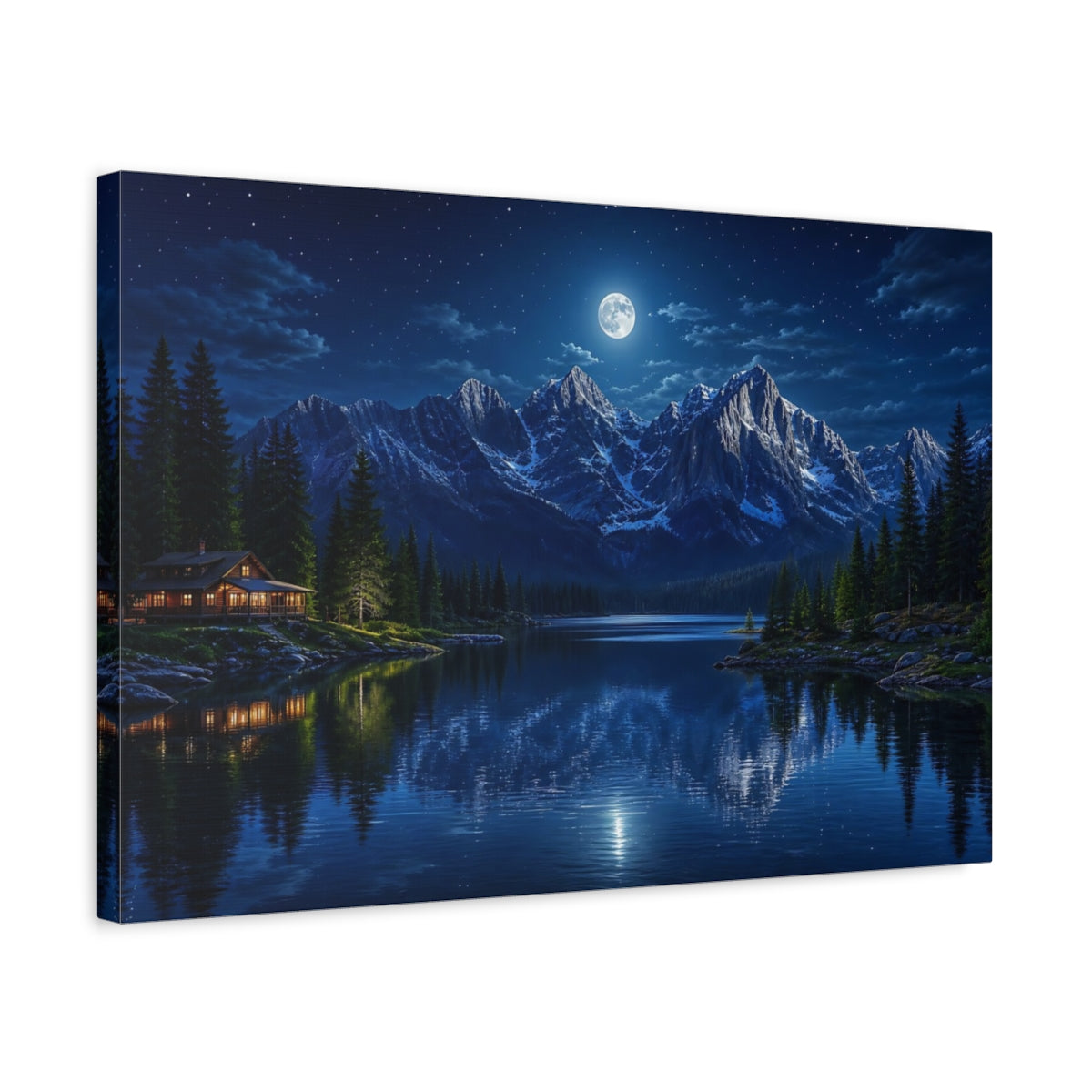 Side Mockup 3. Nature Moonlit Mountains Blue Night Mountains shown as stretched canvas wall art