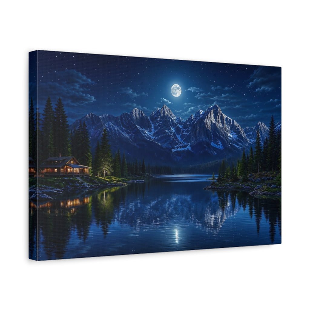 Side Mockup 4. Nature Moonlit Mountains Blue Night Mountains shown as stretched canvas wall art