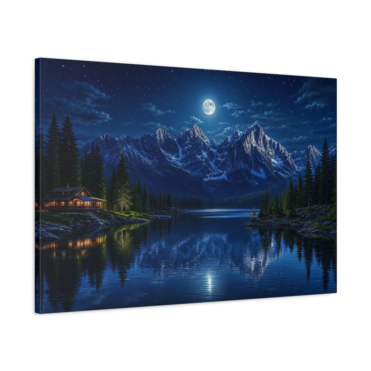 Main Mockup. Nature Moonlit Mountains Blue Night Mountains shown as stretched canvas wall art